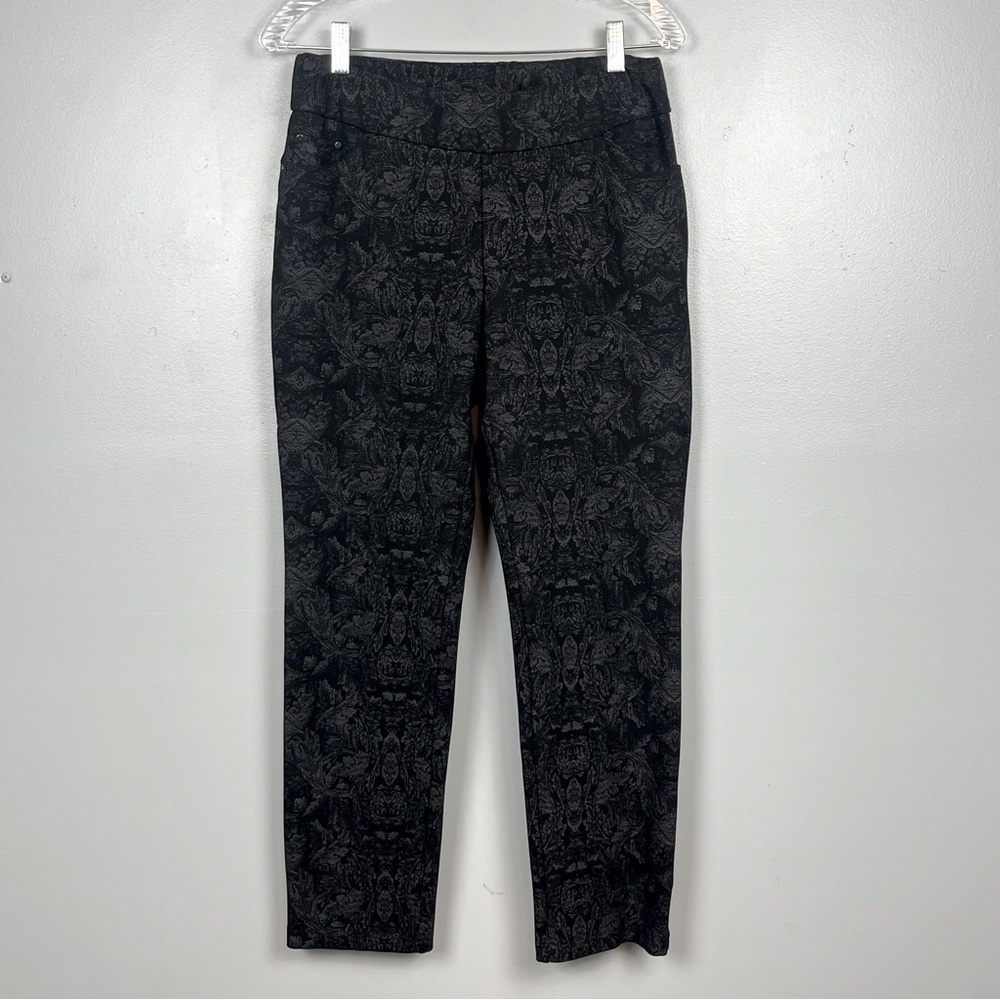 Soft Surroundings black damask print ponte knit stretchy pullon pants, medium.